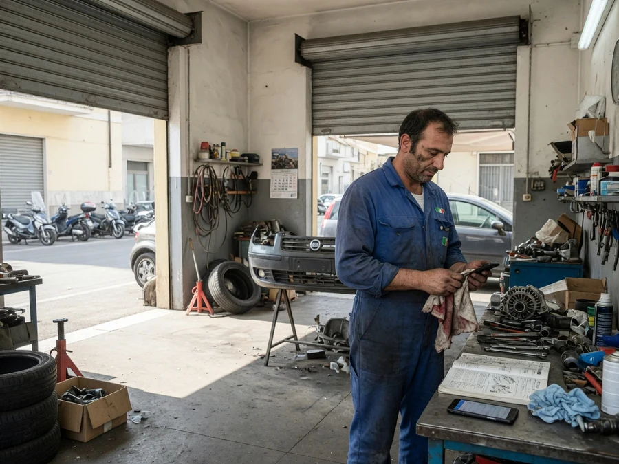 Il meccanico esce da sotto l'auto e legge la richiesta sul telefono